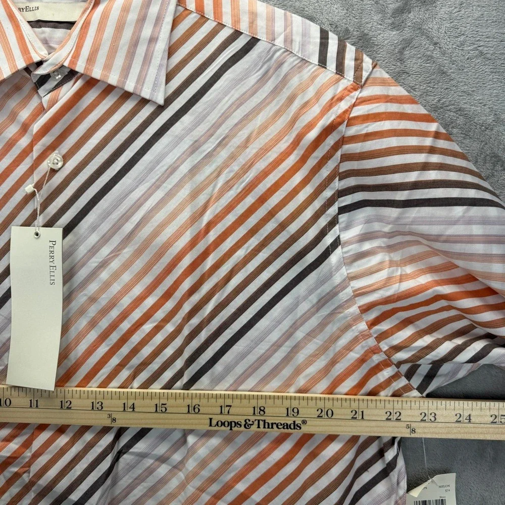 Perry Ellis Mens Melon Orange Diagonal Stripe Button Down Shirt Large NWT - Picture 4 of 8